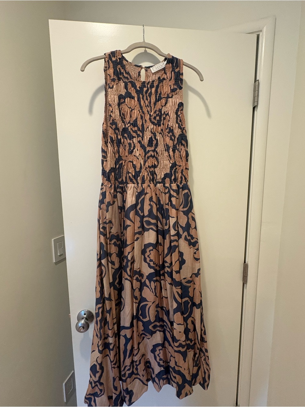 Sage Smocked Floral Sleeveless Maxi Dress in Beige and Navy with bubble hem.